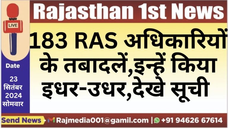 Read more about the article 183 RAS अधिकारियों के तबादलें,इन्हें किया इधर-उधर,देखे सूची