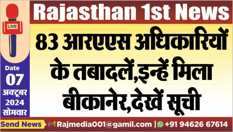 Read more about the article 83 आरएएस अधिकारियों के तबादलें,इन्हें मिला बीकानेर,देखें सूची