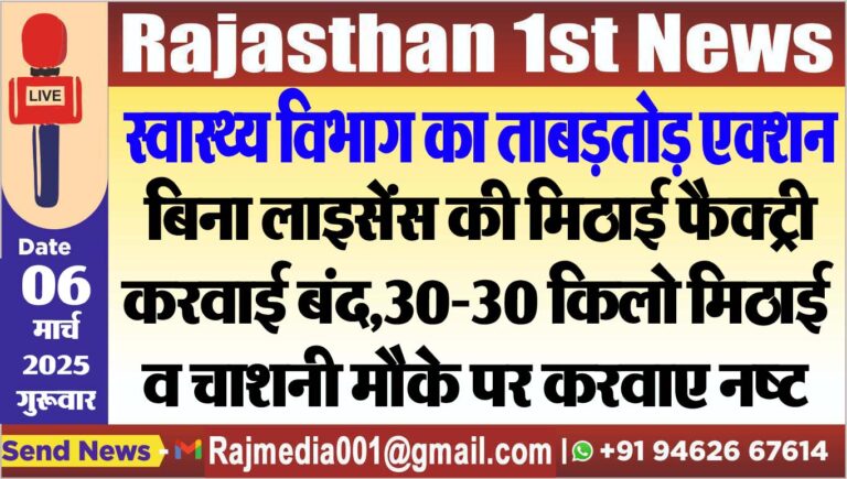 Read more about the article बिना लाइसेंस की मिठाई फैक्ट्री करवाई बंद,30-30 किलो मिठाई व चाशनी मौके पर करवाए नष्ट