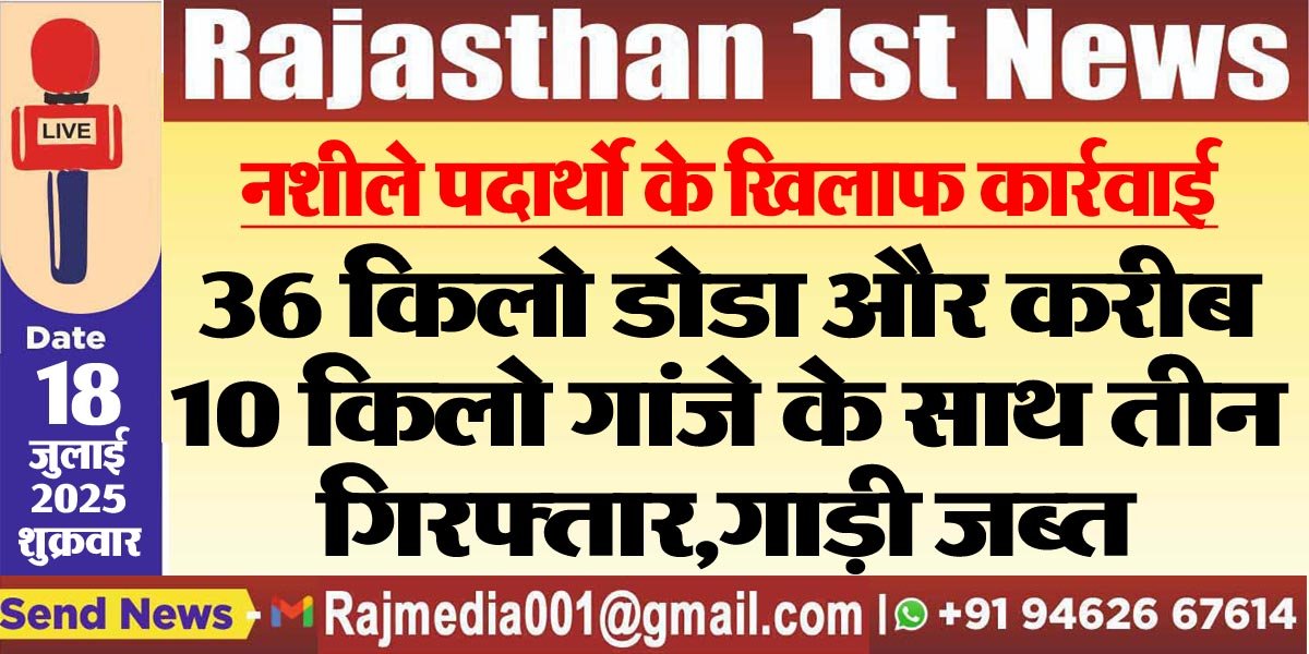 You are currently viewing 36 किलो डोडा और करीब 10 किलो गांजे के साथ तीन गिरफ्तार,गाड़ी जब्त-Bikaner News 