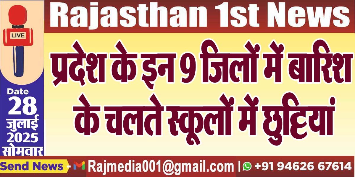 प्रदेश के इन 9 जिलों में बारिश के चलते स्कूलों में छुट्टियां-Rajasthan News 
