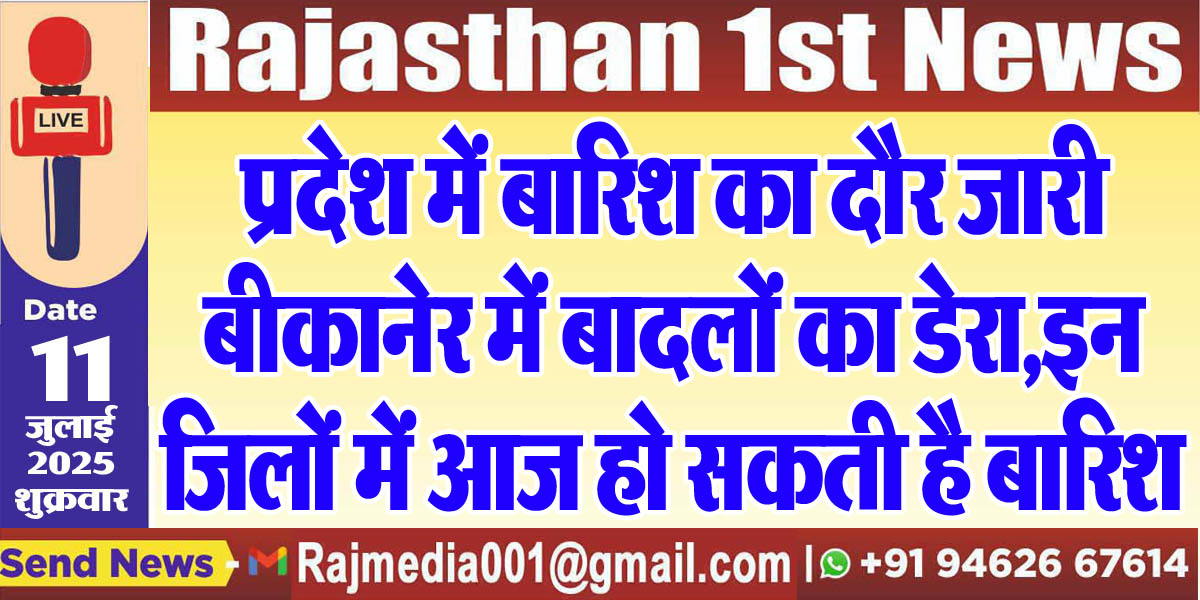 Read more about the article प्रदेश में बारिश का दौर जारी,बीकानेर में बादलों का डेरा,इन जिलों में आज हो सकती है बारिश-Weather update