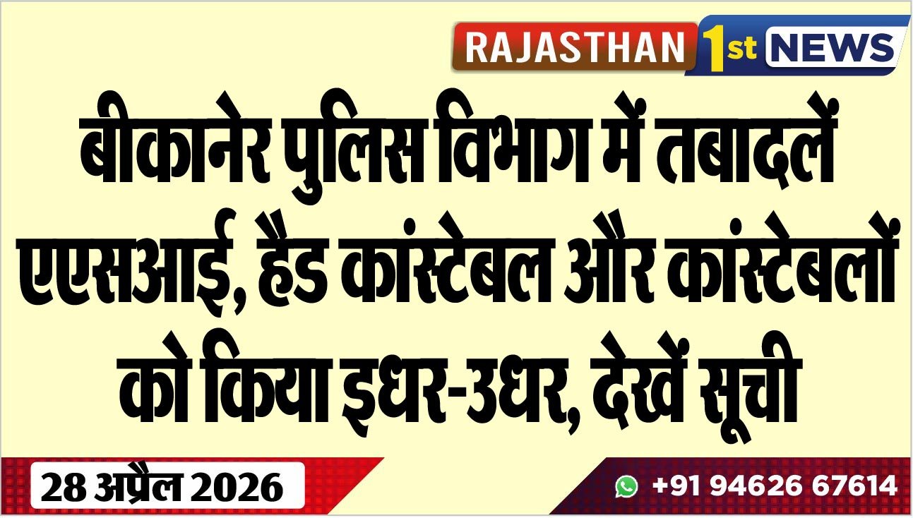 बीकानेर पुलिस विभाग में तबादलें, एएसआई, हैड कांस्टेबल और कांस्टेबलों को किया इधर-उधर, देखें सूची